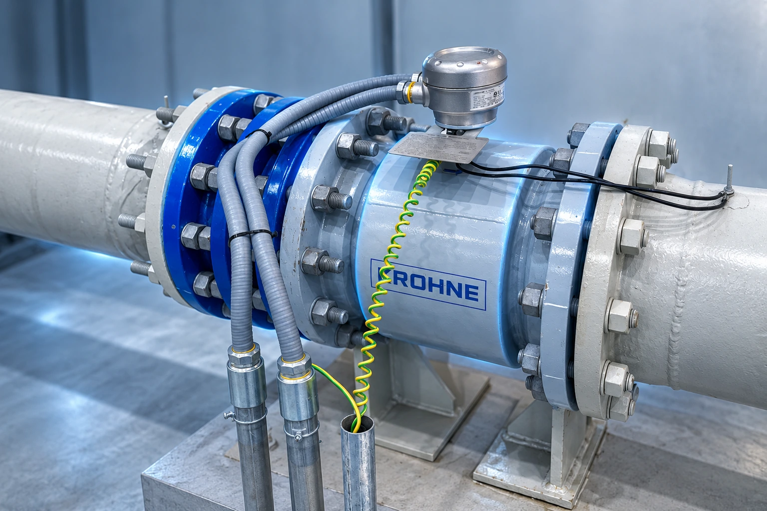 KROHNE-Durchflussmessgerät mit Flanschen, Messumformer und Erdungsanschlüssen, mit dezenten metallisch-blauen Bildeffekten.