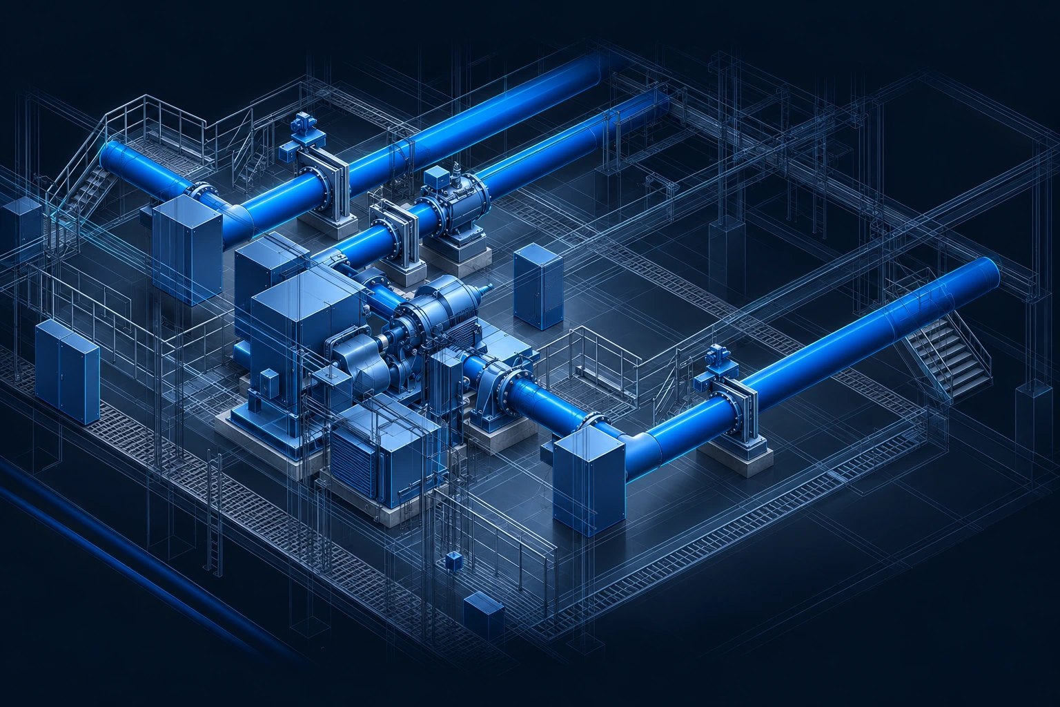 Stilisierte isometrische Pumpstationsvisualisierung auf Basis der bereitgestellten Planungsvorlage mit metallisch-blauer Ausrüstung und dezentem Tragwerksdrahtmodell.