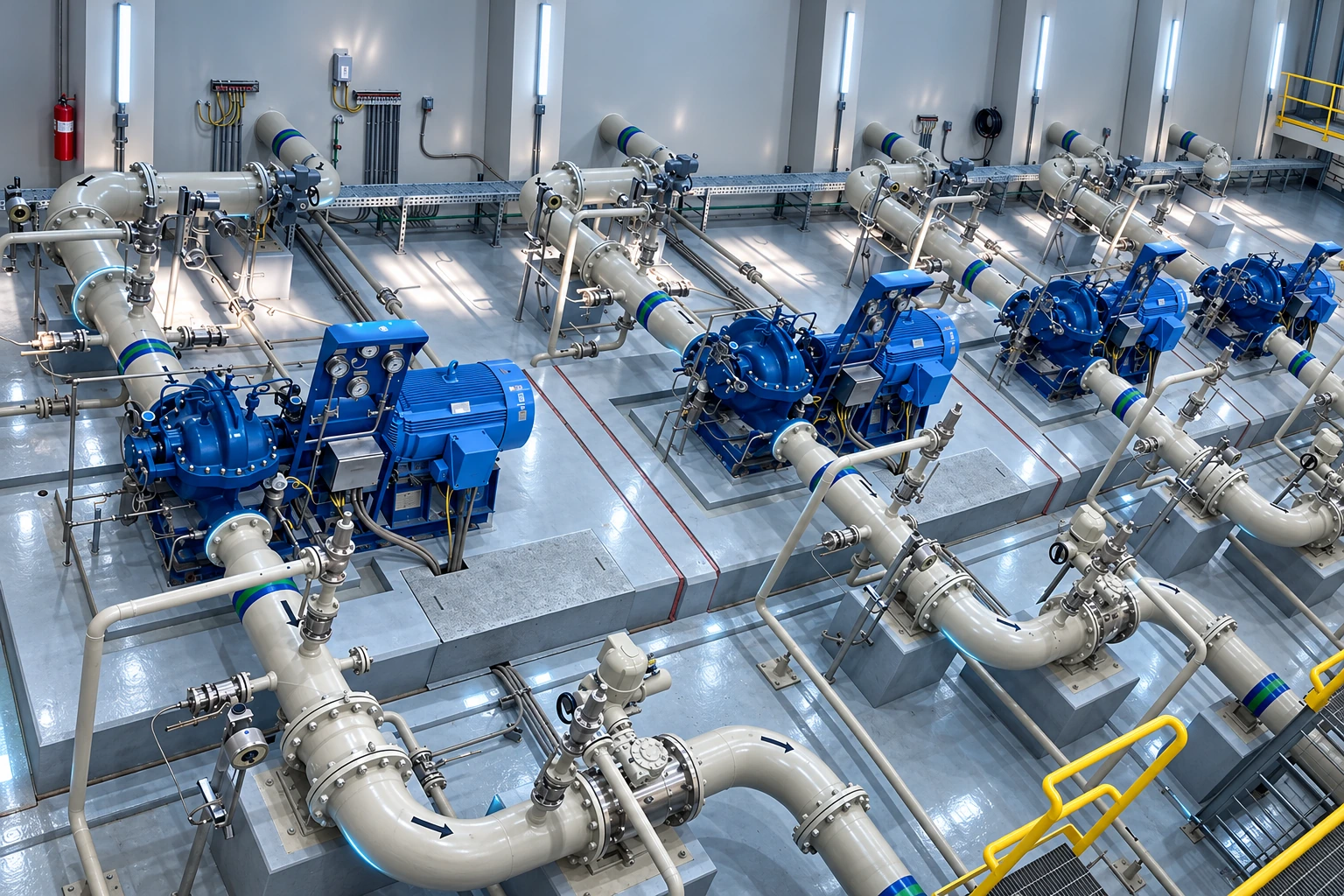 Pumpenhaus mit blauen Pumpen und Motoren, weissen Rohrleitungen und gelben Sicherheitsgeländern sowie dezenten digitalen blauen Akzenten.