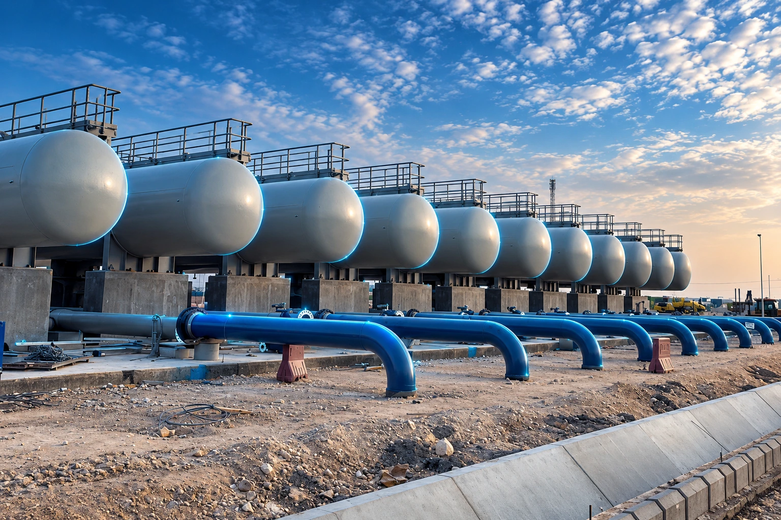 Druckstossbehälteranlage Ras Al Khair: eine Reihe horizontaler Behälter mit blauen Auslassrohren und dezenten digitalen blauen Akzenten.