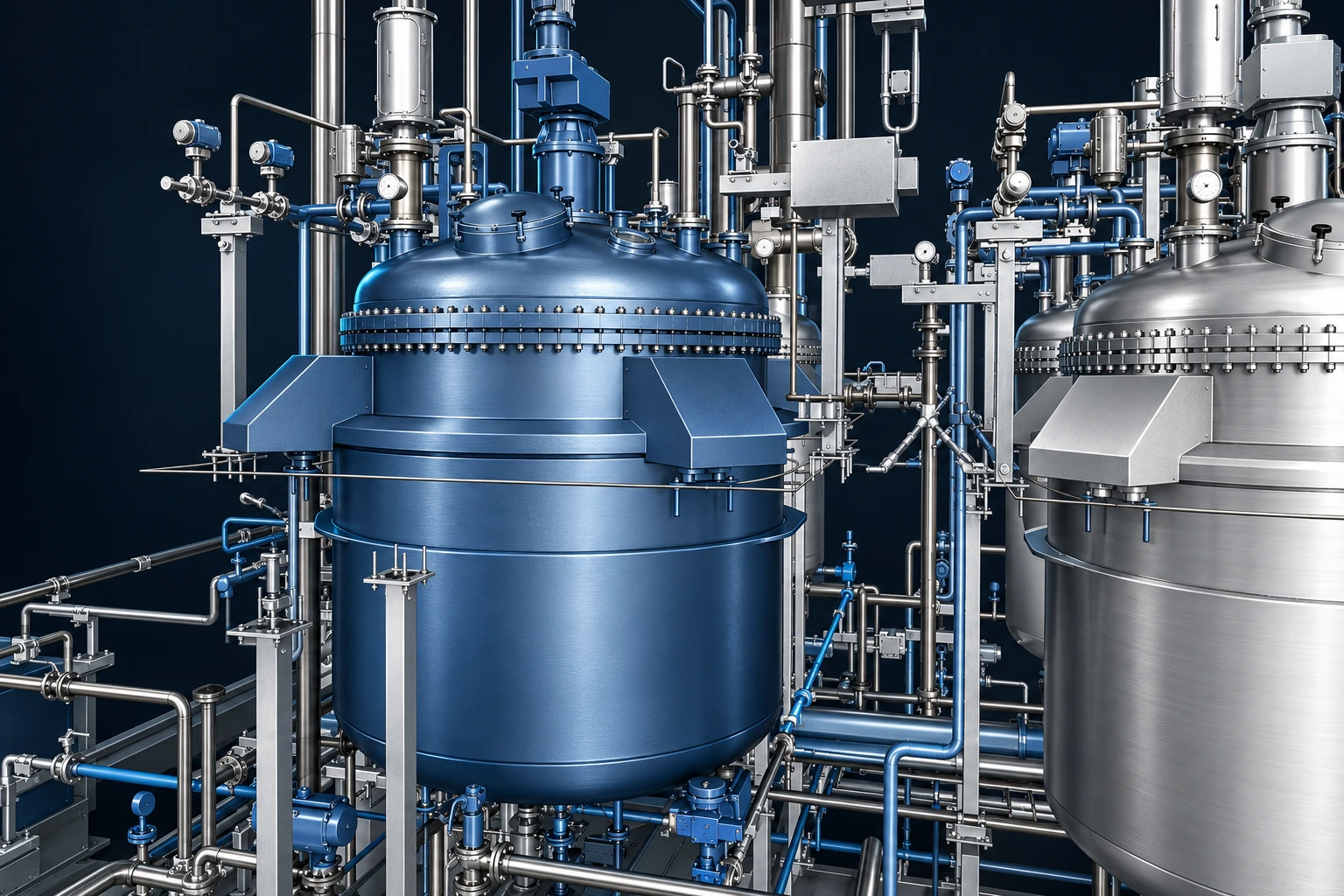 Stilisierte Reaktor- und Rohrleitungsvisualisierung auf Basis des bereitgestellten TransTank-Planungsmodells in dezentem Metallblau, Graphit und gebürstetem Stahl.